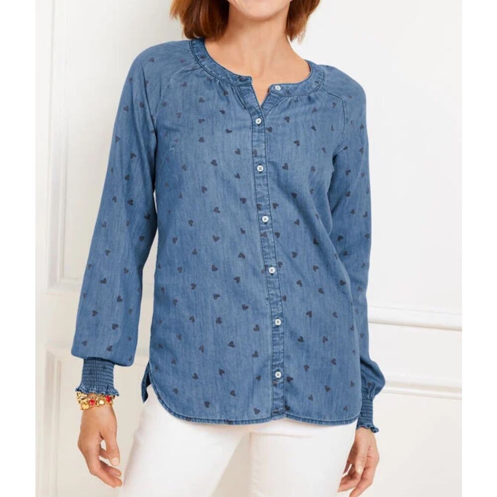 NWT Talbots 100% Cotton Heart Patterned Denim Ruffle Top Size MP